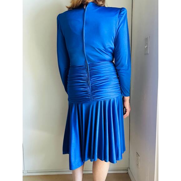 Vintage 80s Dynasty Cobalt Blue Dress Size 10 Draped Midi Length Sexy Party - Picture 8 of 12